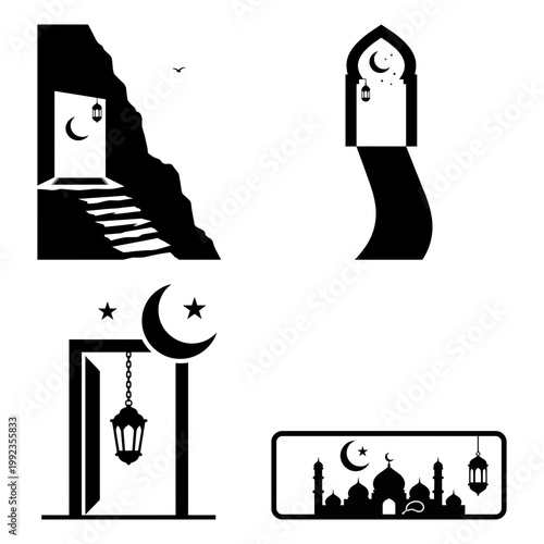 Mihrab doorway and mosque silhouette icon bundle
