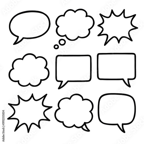 Hand-Drawn Speech Bubble Set; Black Outline Doodle Chat Clouds, Thought Bubbles, and Comic Scream Boxes; Minimalist Communication Icons for Design and Social Media