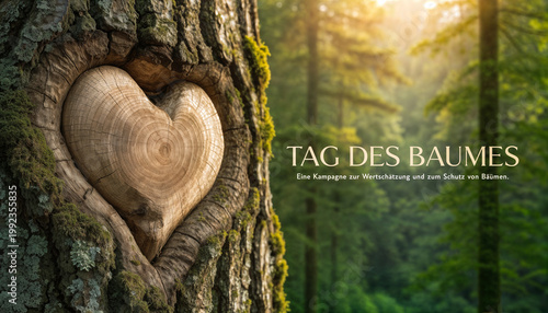 Tag des Baumes Kampagne mit Herzförmigem Holz im Baumstamm im Wald bei Sonnenlicht