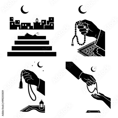 Prayer hands and tasbih silhouette icon bundle