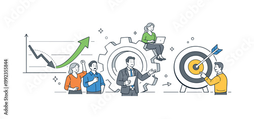 Business turnaround and performance improvement in a corporate environment where teams overcome decline and achieve growth through new strategies, visualized through two