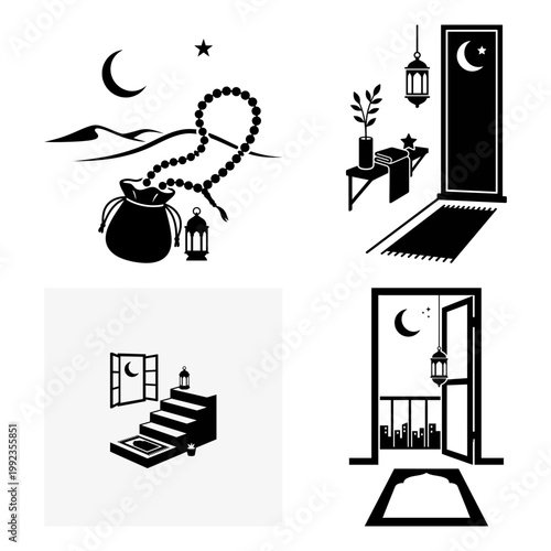 Prayer room and tasbih silhouette icon bundle