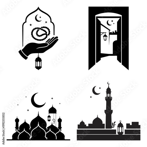 Tasbih hand mosque and minaret silhouette icon bundle