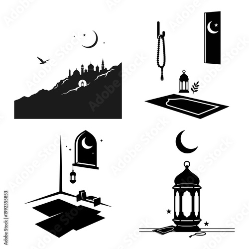 Mosque landscape and prayer corner silhouette icon bundle