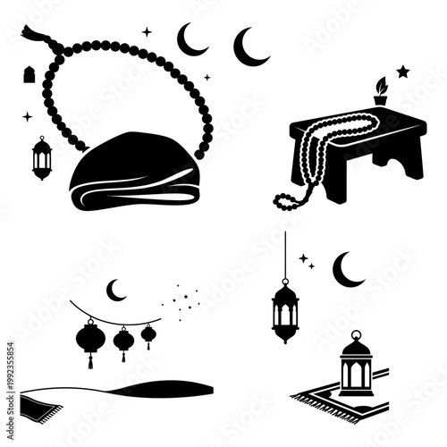 Prayer rug and lantern silhouette icon bundle