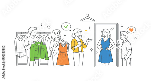 Wardrobe fitting retail experience concept illustrating customers selecting garments and checking fit with assistance in a modern store setting, using a hanger and a
