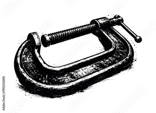 A massive forged iron C-clamp shown in a three-quarter perspective, enlarged to dominate the frame as a thick curved industrial form on a clean white background, the