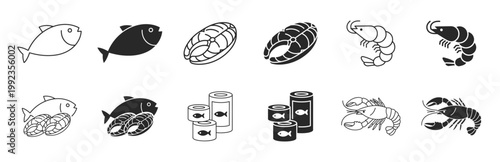 Seafood variety food set outline icon on transparent background