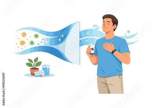 An individual managing seasonal allergies with appropriate treatment and lifestyle adjustments in a home environment, representing proactive health care and symptom