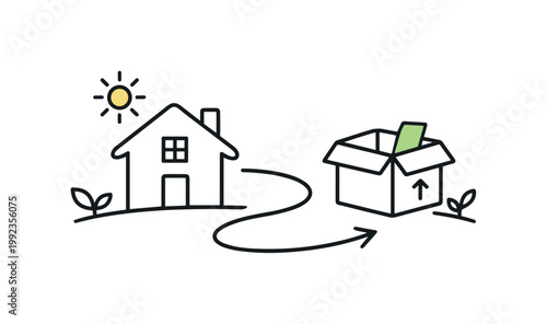 New beginnings and life transition in a fresh environment, a house icon paired with a moving box and a subtle path line symbolizing change and relocation, expressing