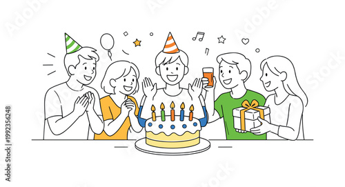 People celebrating a birthday together in a joyful social gathering to mark a personal milestone, illustrated through a clear metaphor of a decorated birthday cake with