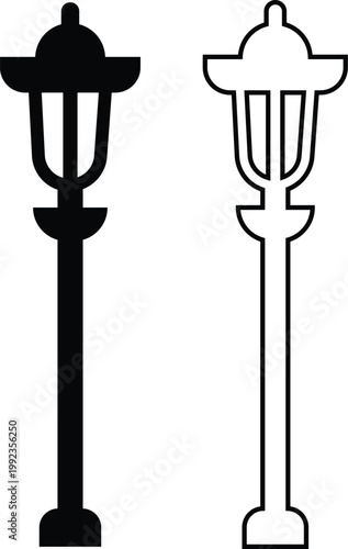 Street lamp lantern light icon set collection group in black flat and line style, vintage streetlight lamppost lighting symbol bundle, urban outdoor illumination graphic pack, classic city light desig