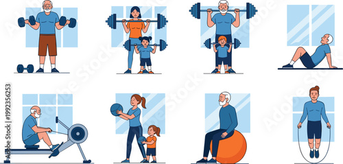 Family fitness workout cartoon illustration set with grandfather, woman, child doing weights, rowing, ball, and jump rope exercise on white background