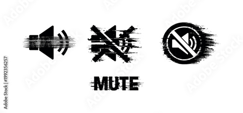 Digital mute and silence state theme, a set of 3 glitch-distorted monochrome objects placed on a perfectly clean white background, each object exhibiting its own