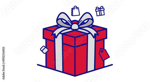 Gift box illustration with shopping bags and gift tag on a white background