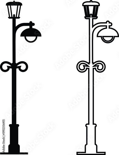Street lamp lantern light icon set collection group in black flat and line style, vintage streetlight lamppost lighting symbol bundle, urban outdoor illumination graphic pack, classic city light desig