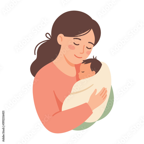 Mother Holding Sleeping Baby Soft Minimal Flat Mothers Day Vector Illustration