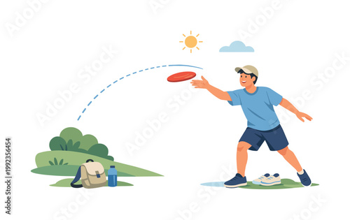 Outdoor recreation scene where a person throws and catches a frisbee during a break or weekend activity, emphasizing lifestyle balance, physical activity, and simple fun,