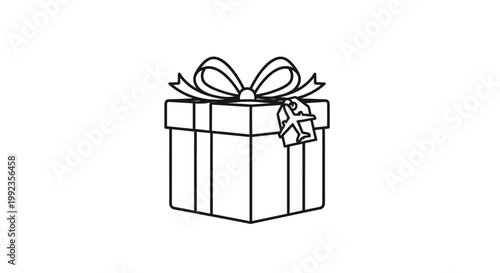 Gift box with airplane tag travel concept in black and white outline