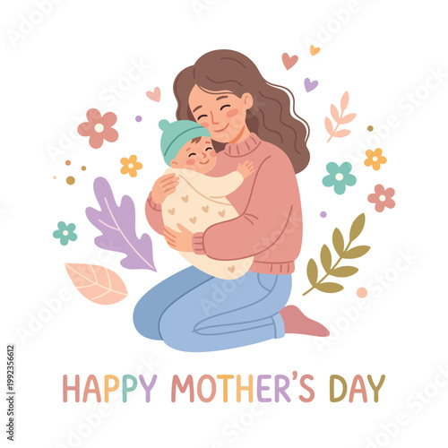 Happy Mothers Day Illustration Mom Hugging Baby Cute Flat Pastel Vector