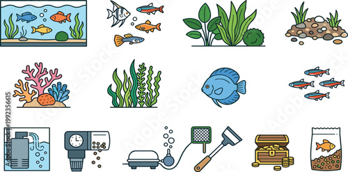 Aquarium fish and maintenance set featuring tropical fish species aquatic plants coral reef automatic feeder water filter oxygen pump treasure chest and fish food vector illustration