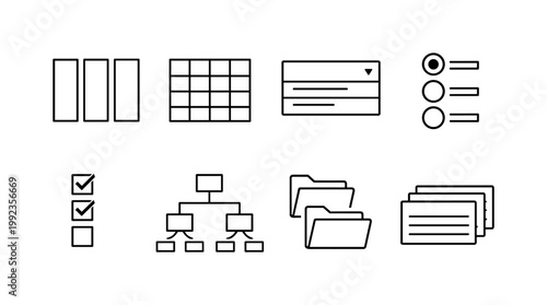 Data organization tools: columns layout, table grid, dropdown menu, radio buttons, checkbox group, hierarchy tree, folder structure, index cards.