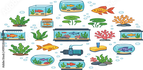 Aquarium and fish tank doodle set with colorful goldfish tropical fish glass bowls aquatic plants coral lily pads water pump and cleaning sponge vector illustration