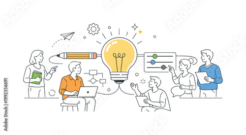 Creative professionals developing ideas and refining concepts through an iterative workflow in a modern design environment, illustrated through a clear metaphor of a