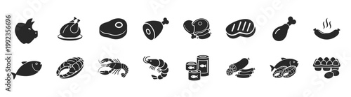 Meat, poultry, fish and eggs line icon set, livestock and protein food products, beef, chicken, milk, grocery menu design, farm branding, supermarket signage on transparent background