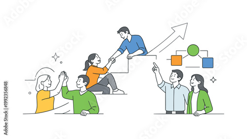 Motivation and collective growth in a modern organizational setting where individuals support each other to reach higher performance, illustrated by a group of people