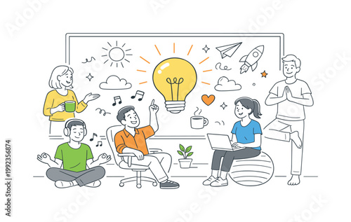 Creative office fun activity encouraging relaxation and idea flow during work hours, depicted by a whiteboard with playful doodles and a simple light bulb as the main