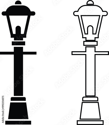 Street lamp lantern light icon set collection group in black flat and line style, vintage streetlight lamppost lighting symbol bundle, urban outdoor illumination graphic pack, classic city light desig