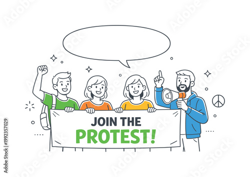 Protest rally social movement concept featuring individuals standing together and sharing messages in a structured demonstration, using a banner and a single speech
