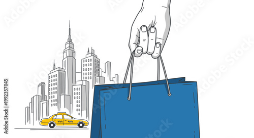 Hand holding shopping bag against a city skyline with yellow taxi illustration