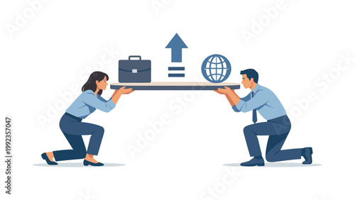 An organization fostering empowerment and removing barriers for equal contribution, depicted as two people collaboratively lifting a single balanced platform together,
