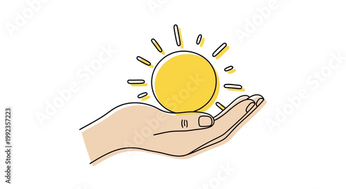 Hand holding sun illustration against white background concept of energy and power