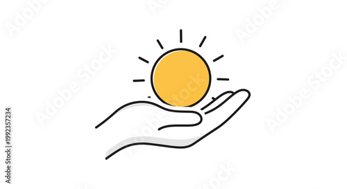 Hand holding sun graphic representing light and energy on white background