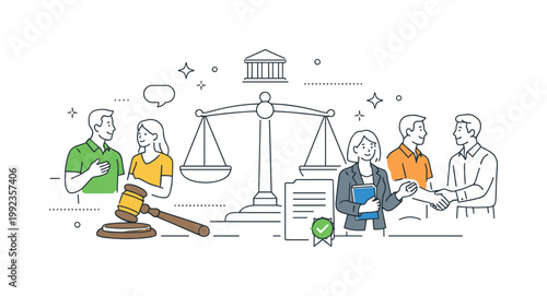 Justice and legal order in a societal context where laws guide behavior and ensure fairness within communities, represented by a clear visual metaphor of balanced scales