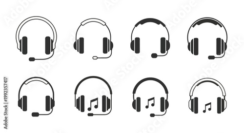 Headphones collection set black icons isolated white background