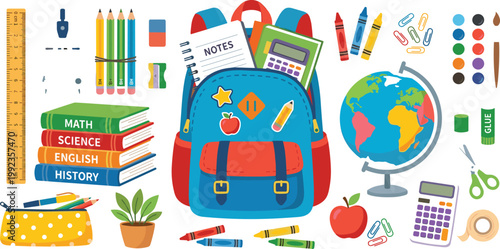 Back to school vector illustration set with blue backpack globe books calculator and stationery items like pencils crayons and ruler on white background.