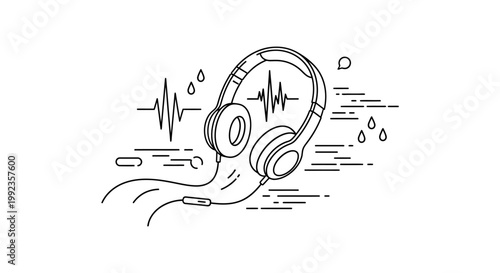 Headphones with sound wave and audio elements on white background vector