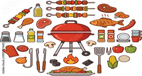 Barbecue party vector illustration set featuring red grill kettle skewers meat steak fish chicken sausage vegetables charcoal tongs spatula and spices icons for summer cookout