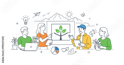 Individuals building a brand identity connected to nature and wellness to appeal to conscious consumers in a competitive landscape, visualized with a metaphor of a