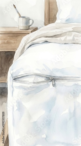 Watercolor painting shows a white mattress encasement with a zipper on a bed. It represents hygiene and bed bug prevention in a home. Useful for pest control and household safety articles.