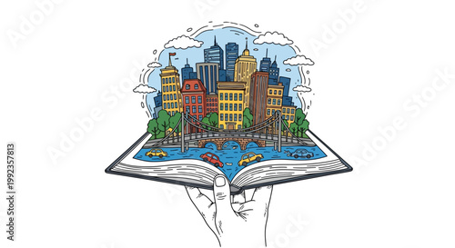Illustrated city scene displayed in an open book held by a hand concept