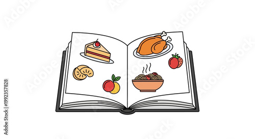 Illustrated cookbook with images of food dishes on white background
