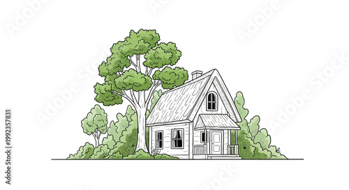 Illustrated cottage surrounded by lush greenery on white background