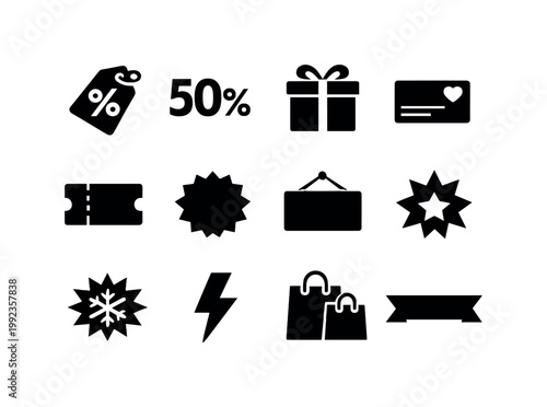 Shopping experience and promotions: sale tag, percentage discount, gift box, loyalty card, coupon ticket, special offer badge, clearance sign, new arrival star, seasonal