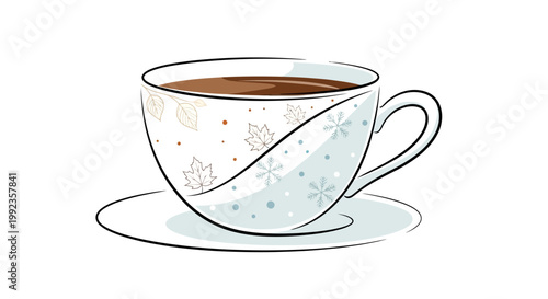 Illustrated cup of coffee with saucer isolated on white background