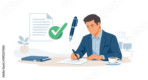 Document approval scenario where a professional reviews and signs an important file in a structured business setting, representing validation, responsibility, and formal